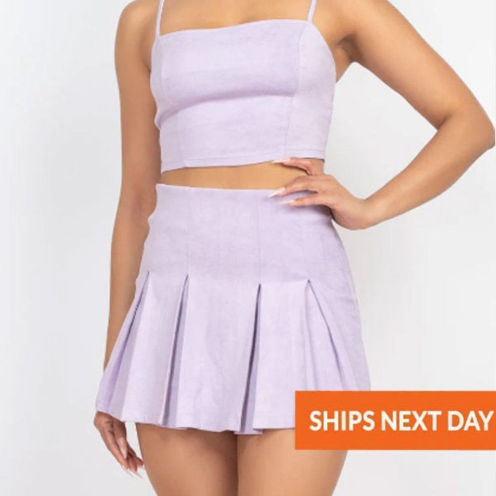 Faux Suede Cami Top & Pleated Skorts Set - Skort - Skort Set